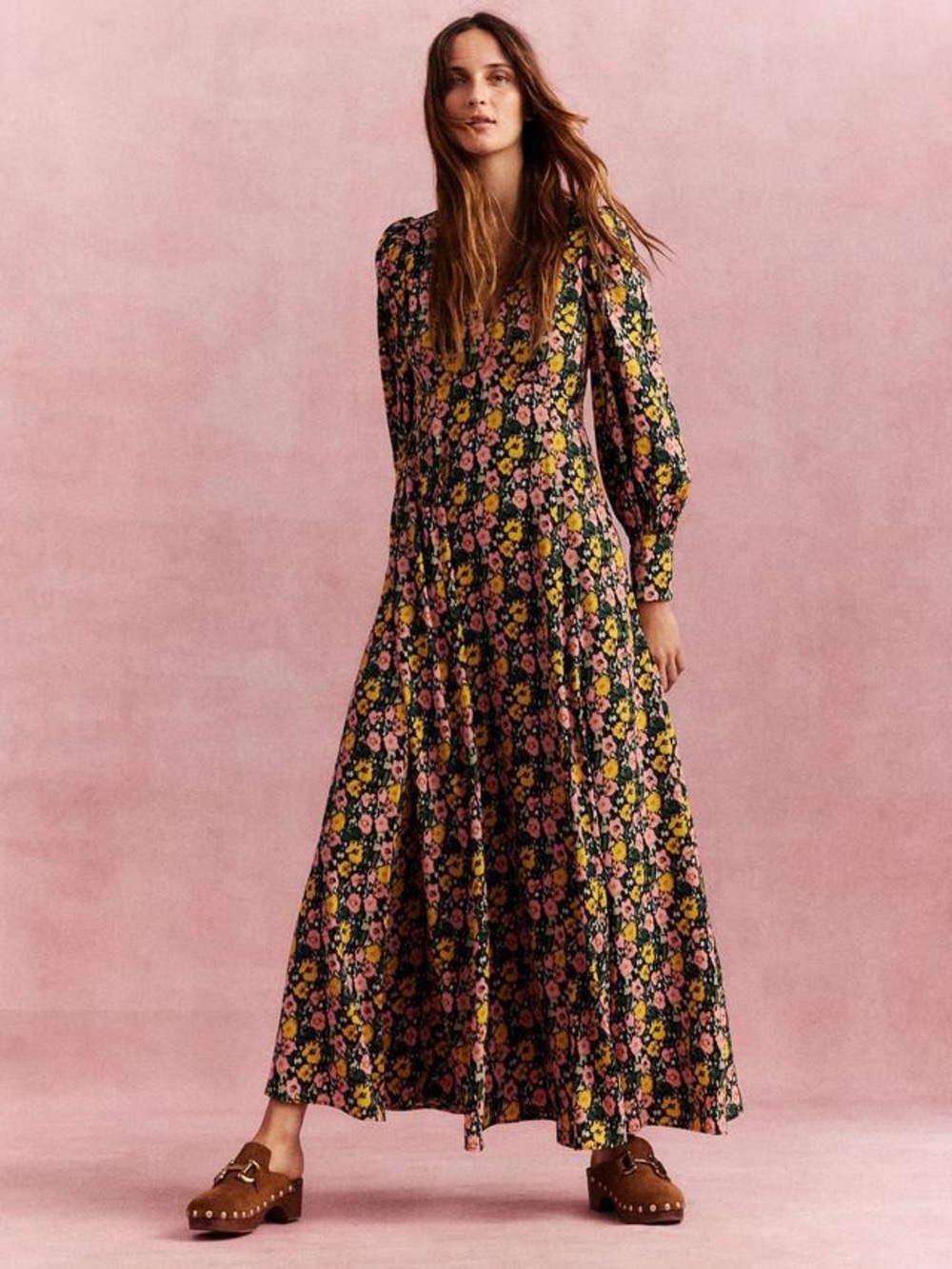 Boden 12 Floral Maxi Long Sleeve Tea Dress Boho Flowy Feminine Preppy V Neck